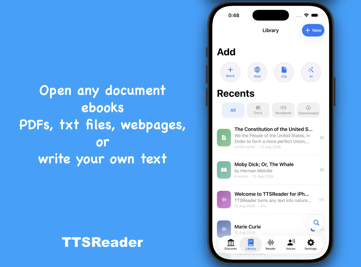 The Library tab with add shortcuts and recent documents, books, and audio.