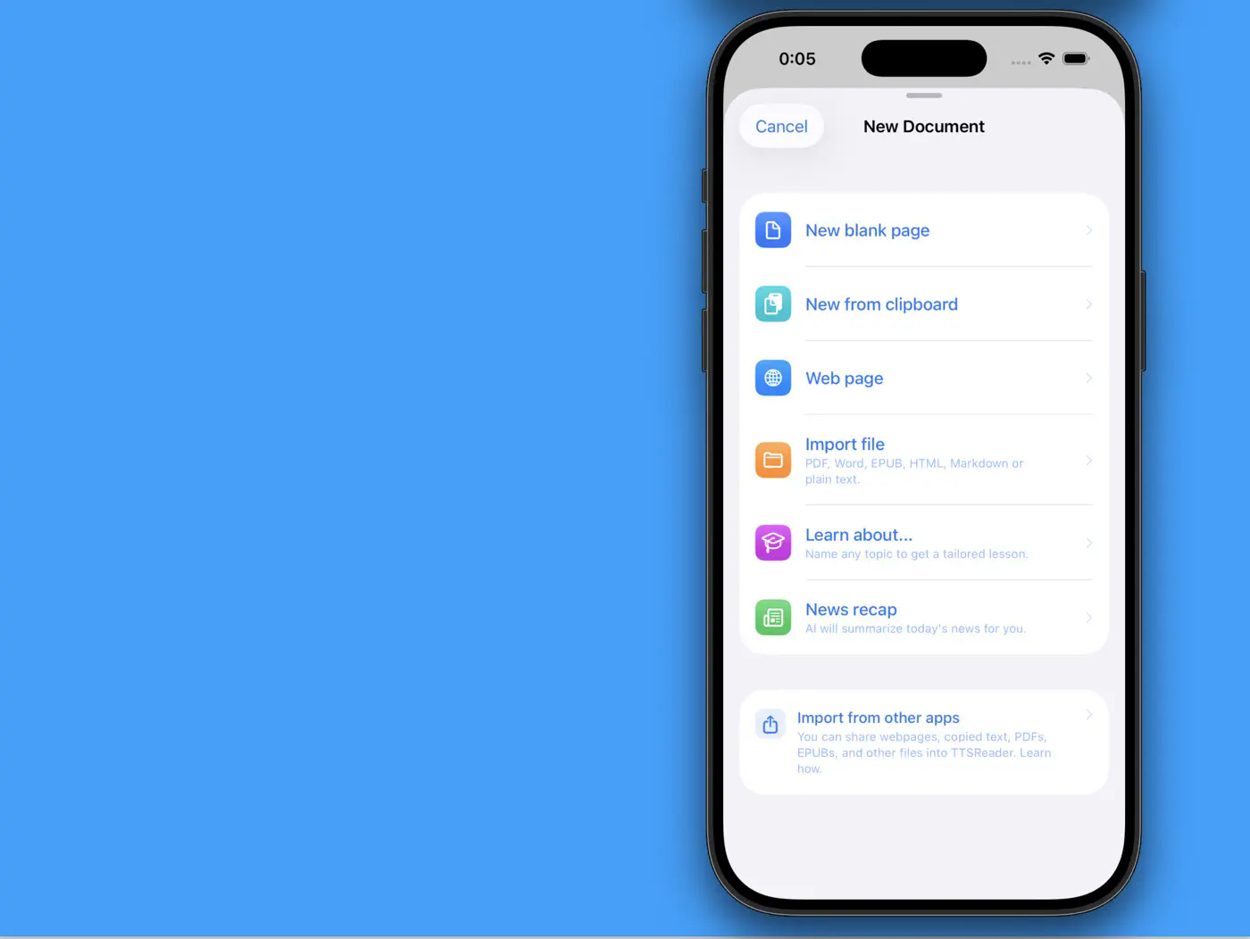 The New Document sheet: blank page, clipboard, web page, file import, AI lesson, and news recap.