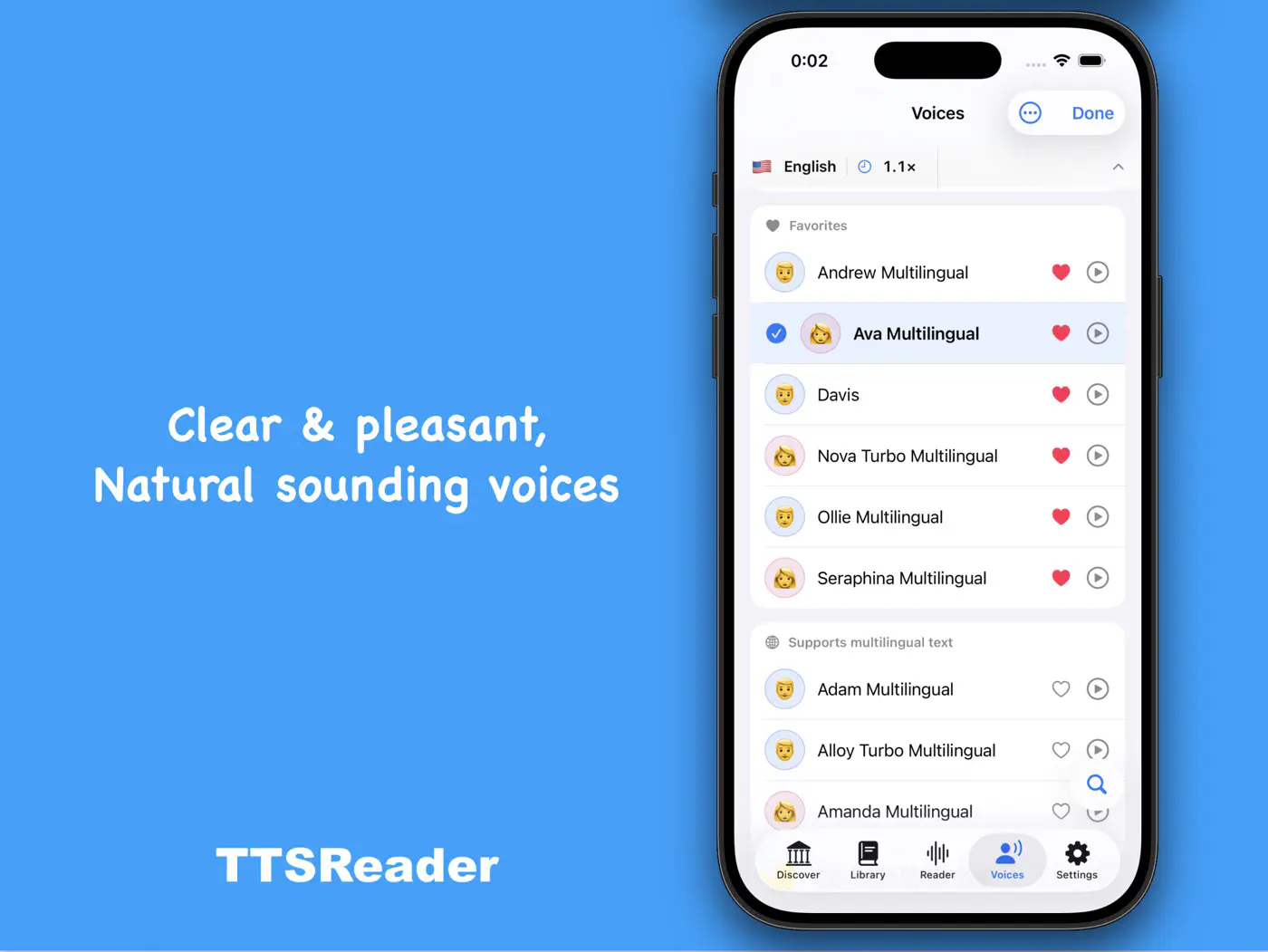 The Voices tab with favorite multilingual voices and previews.