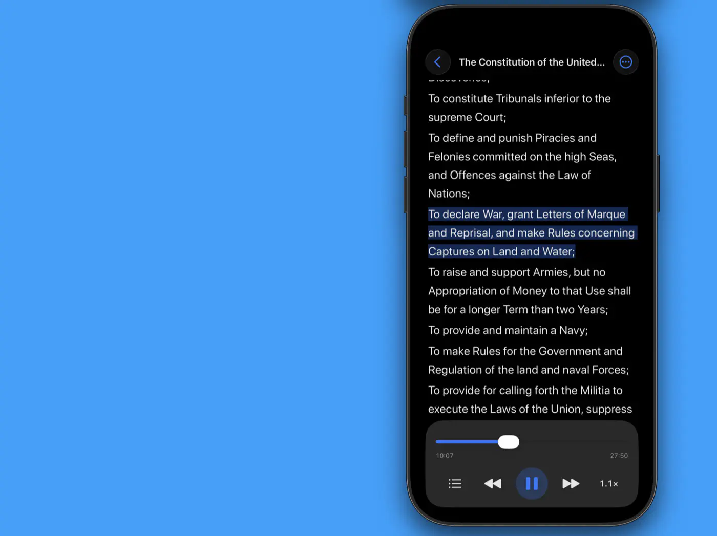 The Constitution playing in the black theme with the current sentence highlighted.