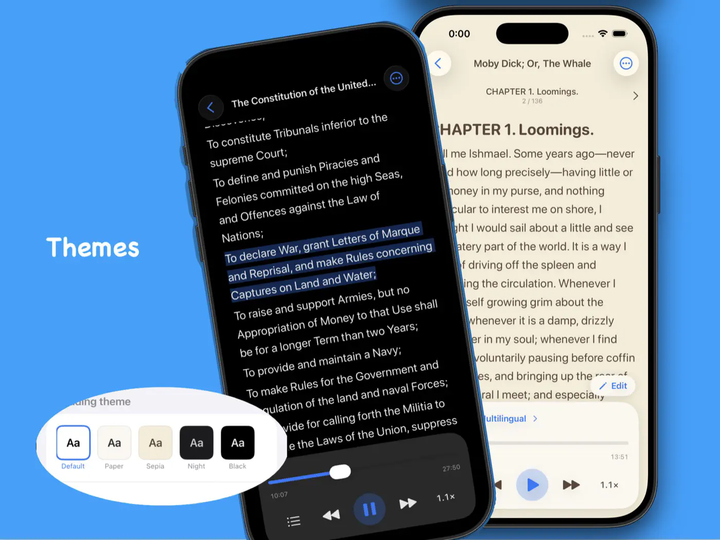 Two phones showing the night and sepia themes with the theme picker.