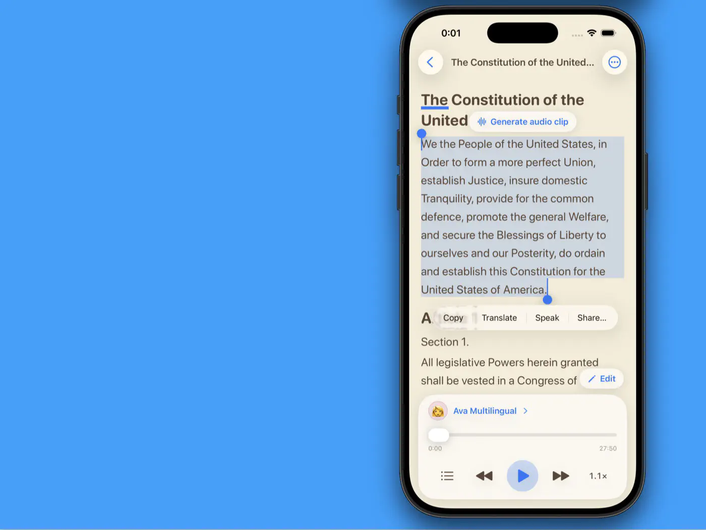 A selected passage with the Generate audio clip button and text actions.