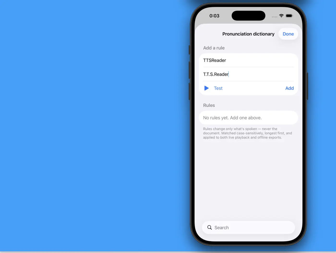 The pronunciation dictionary with a custom rule and a test button.