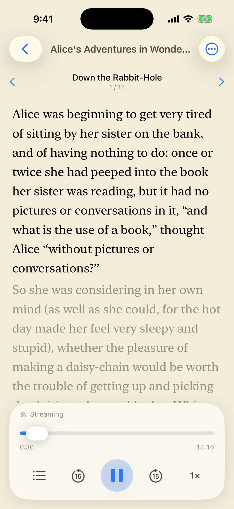 Alice’s Adventures in Wonderland, its opening highlighted while the human narrator reads it.