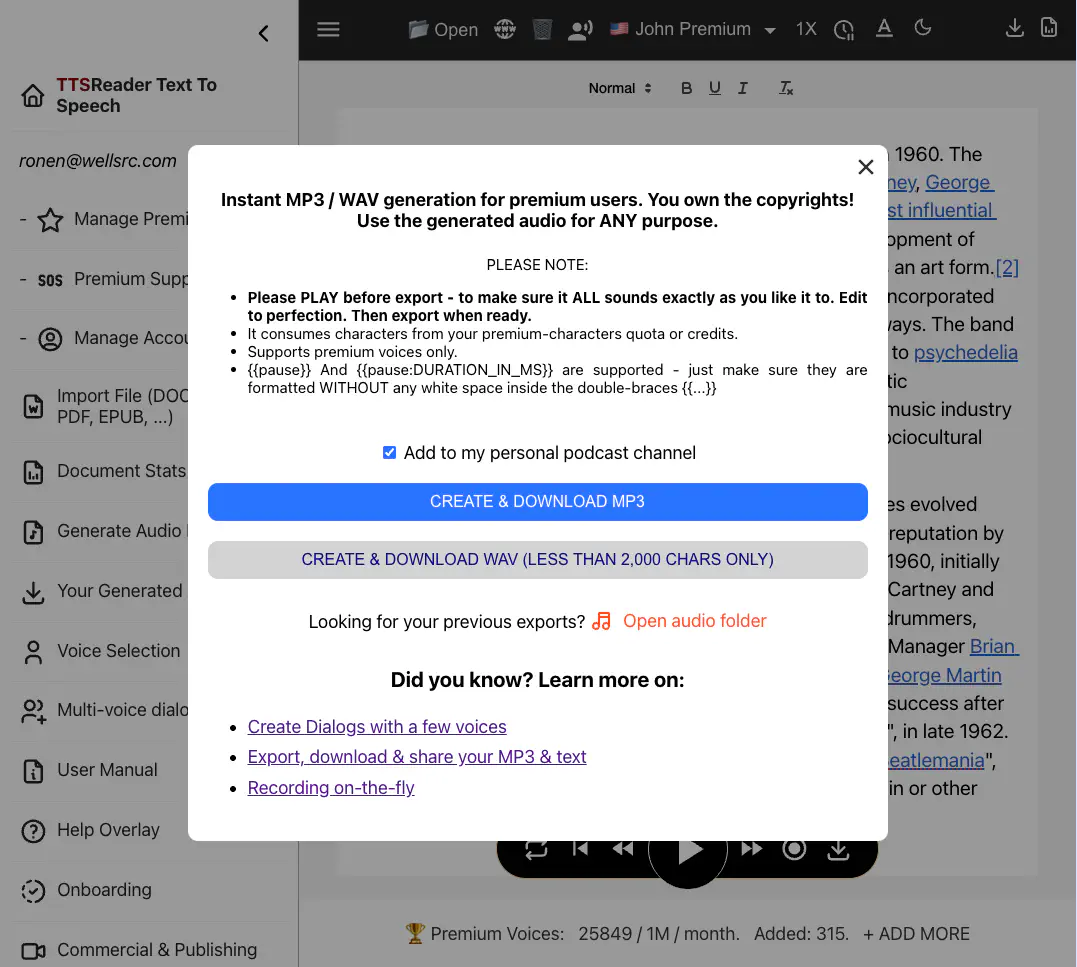 Check Add to Podcast option and Export MP3 button