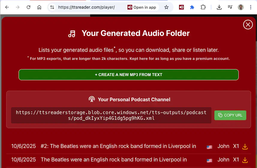 Copy podcast URL from TTSReader player