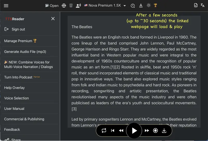 Playing a webpage in the TTSReader player